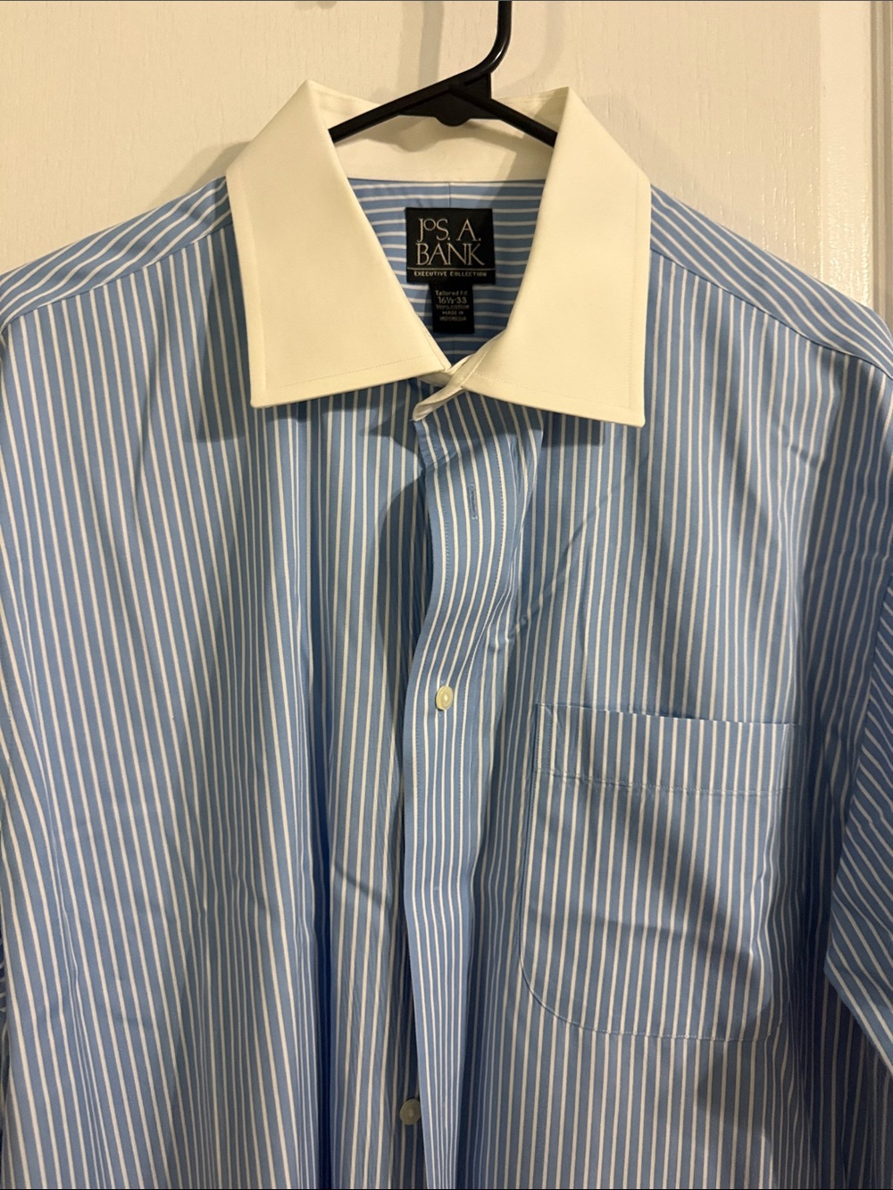 Jos. A. Bank Light Blue and White Striped Dress Shirt with White Collar